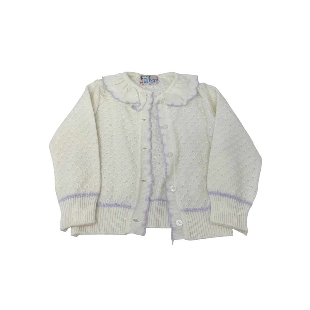 Vintage Childrens Youth Park Ruffle Collar Knit Cardigan Ivory 2T